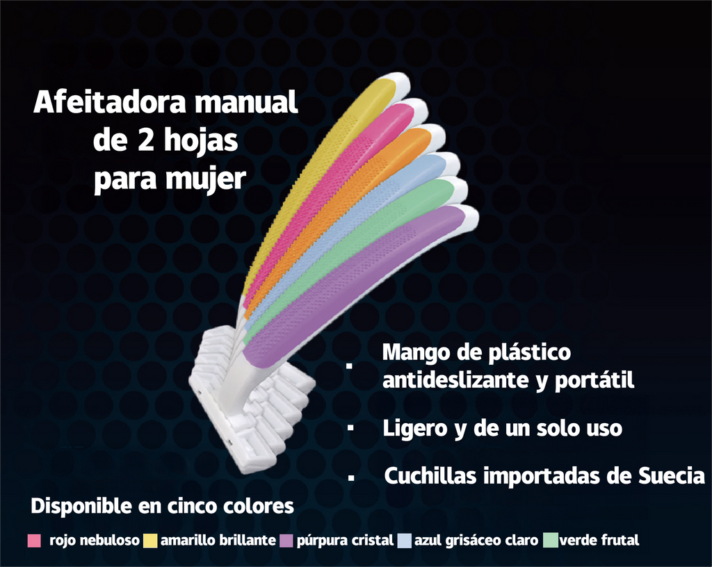 Afeitadoras manuales en varios modelos, todas con hojas importadas de alta gama, afiladas y duraderas. Excelente calidad a precios competitivos. Para más información, contáctenos.